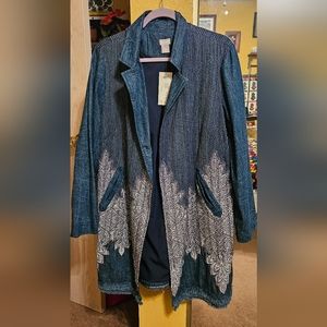 Chico's Denim Topper LS Jacket Novelty Stitch Artisan Wash Size 3